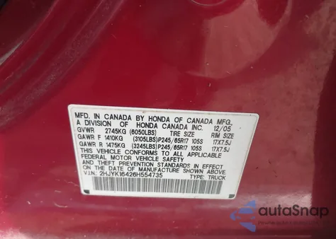 2006 Honda Ridgeline Rts из США, поврежденный, VIN 2HJYK16426H554735